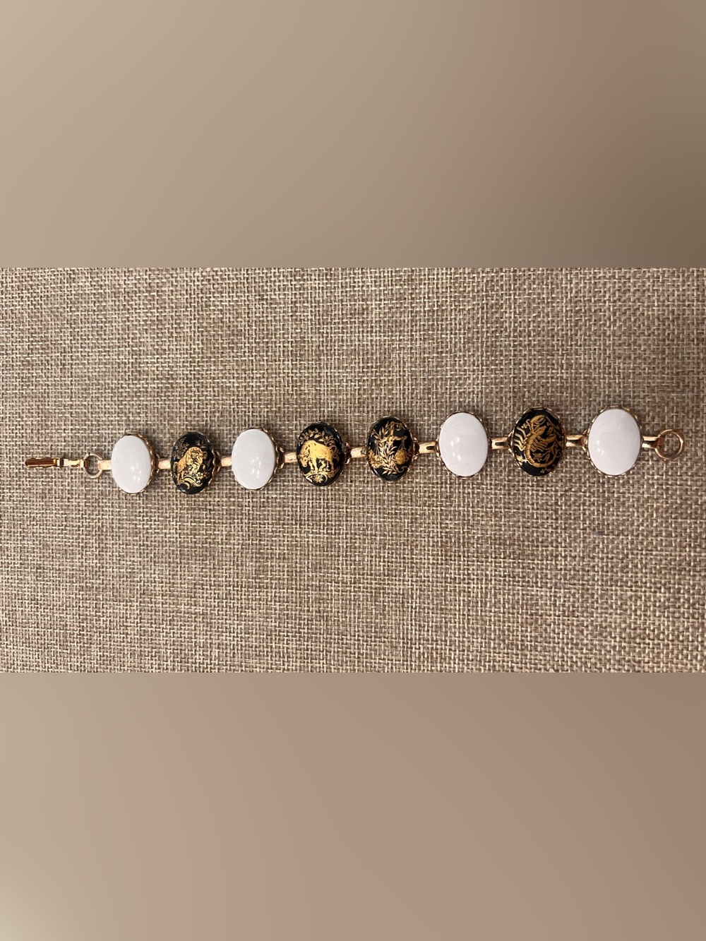 Artisan made Bracelet Asian Inspired. Gold metal with Black and White Cabochons
